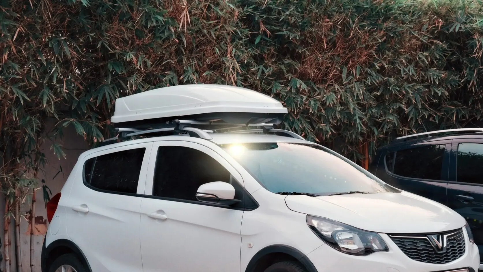 White car with a white roof top box